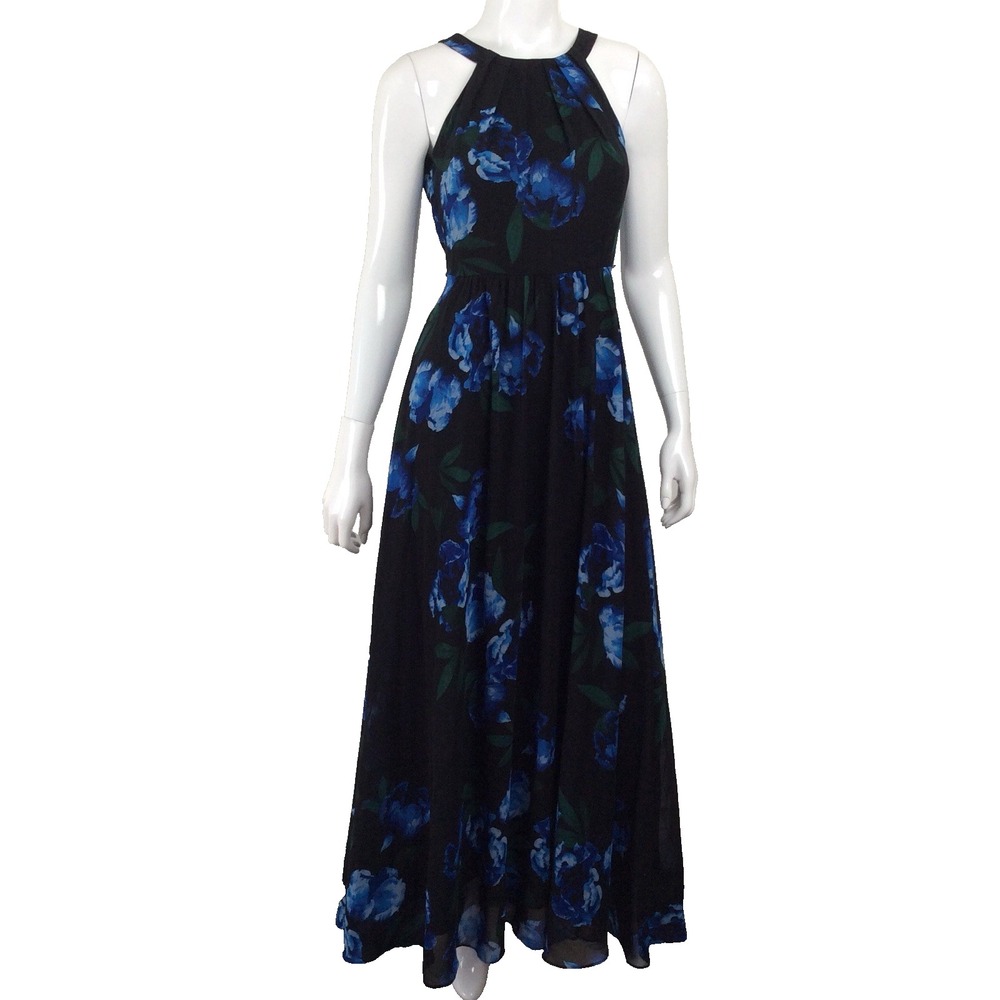 INC Women's Black Floral Maxi Dress Halter Neck Tie Back Sleeveless Blue Roses